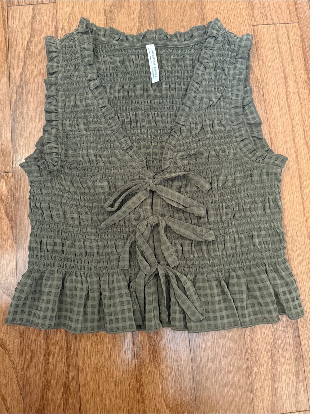 Bohemian Cottagecore Smocked Tie-Front Sleeveless Vest Crop Top — Olive Green
